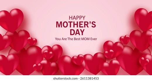 Mother's Day card, banner, poster, flyer, label or cover with red hearts, loves, can be used for Valentine's day, holiday templates, Womens Day, birthday, cosmetic products, Easter decor, web, ads.