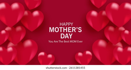 Mother's Day card, banner, poster, flyer, label or cover with red hearts, loves, can be used for Valentine's day, holiday templates, Womens Day, birthday, cosmetic products, Easter decor, web, ads.