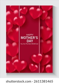 Mother's Day card, banner, poster, flyer, label or cover with red hearts, loves, can be used for Valentine's day, holiday templates, Womens Day, birthday, cosmetic products, Easter decor, web, ads.