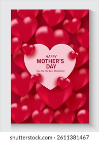 Mother's Day card, banner, poster, flyer, label or cover with red hearts, loves, can be used for Valentine's day, holiday templates, Womens Day, birthday, cosmetic products, Easter decor, web, ads.