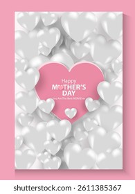 Mother's Day card, banner, poster, flyer, label or cover with white hearts, loves, can be used for Valentine's day, holiday templates, Womens Day, birthday, cosmetic products, Easter decor, web, ads.