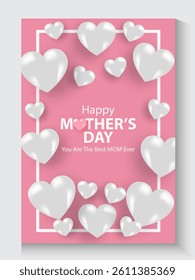 Mother's Day card, banner, poster, flyer, label or cover with white hearts, loves, can be used for Valentine's day, holiday templates, Womens Day, birthday, cosmetic products, Easter decor, web, ads.