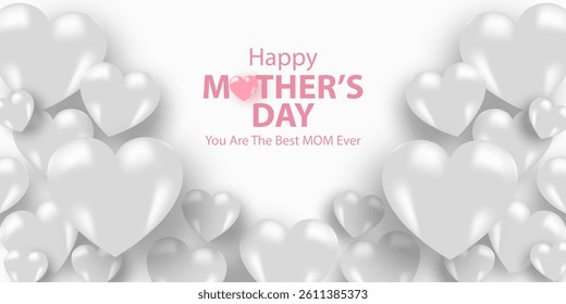 Mother's Day card, banner, poster, flyer, label or cover with white hearts, loves, can be used for Valentine's day, holiday templates, Womens Day, birthday, cosmetic products, Easter decor, web, ads.