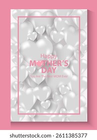 Mother's Day card, banner, poster, flyer, label or cover with white hearts, loves, can be used for Valentine's day, holiday templates, Womens Day, birthday, cosmetic products, Easter decor, web, ads.