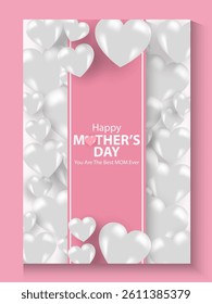 Mother's Day card, banner, poster, flyer, label or cover with white hearts, loves, can be used for Valentine's day, holiday templates, Womens Day, birthday, cosmetic products, Easter decor, web, ads.
