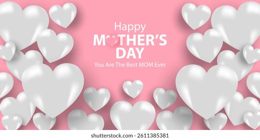 Mother's Day card, banner, poster, flyer, label or cover with white hearts, loves, can be used for Valentine's day, holiday templates, Womens Day, birthday, cosmetic products, Easter decor, web, ads.