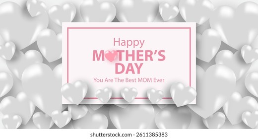 Mother's Day card, banner, poster, flyer, label or cover with white hearts, loves, can be used for Valentine's day, holiday templates, Womens Day, birthday, cosmetic products, Easter decor, web, ads.