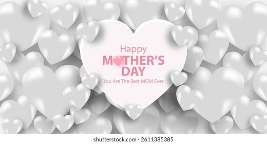 Mother's Day card, banner, poster, flyer, label or cover with white hearts, loves, can be used for Valentine's day, holiday templates, Womens Day, birthday, cosmetic products, Easter decor, web, ads.