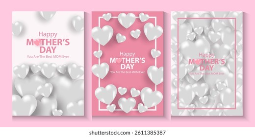 Mother's Day card, banner, poster, flyer, label or cover with white hearts, loves, can be used for Valentine's day, holiday templates, Womens Day, birthday, cosmetic products, Easter decor, web, ads.