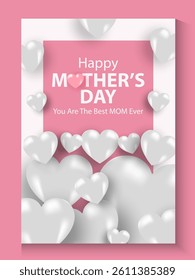 Mother's Day card, banner, poster, flyer, label or cover with white hearts, loves, can be used for Valentine's day, holiday templates, Womens Day, birthday, cosmetic products, Easter decor, web, ads.