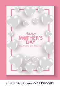 Mother's Day card, banner, poster, flyer, label or cover with white hearts, loves, can be used for Valentine's day, holiday templates, Womens Day, birthday, cosmetic products, Easter decor, web, ads.