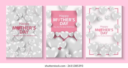 Mother's Day card, banner, poster, flyer, label or cover with white hearts, loves, can be used for Valentine's day, holiday templates, Womens Day, birthday, cosmetic products, Easter decor, web, ads.