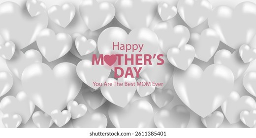 Mother's Day card, banner, poster, flyer, label or cover with white hearts, loves, can be used for Valentine's day, holiday templates, Womens Day, birthday, cosmetic products, Easter decor, web, ads.