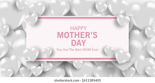 Mother's Day card, banner, poster, flyer, label or cover with white hearts, loves, can be used for Valentine's day, holiday templates, Womens Day, birthday, cosmetic products, Easter decor, web, ads.