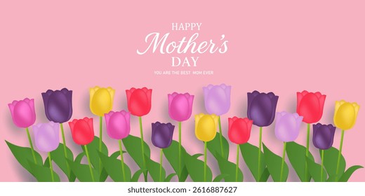 Mothers Day card, banner, poster, flyer, or cover with tulips flowers, colorful tulips flower Floral, can be used for Valentine's day, holiday templates, Womens Day, birthday, Easter decor, web, ads.