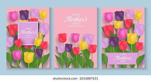 Mothers Day card, banner, poster, flyer, or cover with tulips flowers, colorful tulips flower Floral, can be used for Valentine's day, holiday templates, Womens Day, birthday, Easter decor, web, ads.