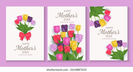 Mothers Day card, banner, poster, flyer, or cover with tulips flowers, colorful tulips flower Floral, can be used for Valentine's day, holiday templates, Womens Day, birthday, Easter decor, web, ads.