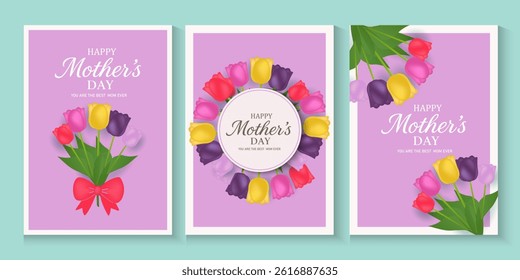 Mothers Day card, banner, poster, flyer, or cover with tulips flowers, colorful tulips flower Floral, can be used for Valentine's day, holiday templates, Womens Day, birthday, Easter decor, web, ads.