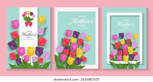 Mothers Day card, banner, poster, flyer, or cover with tulips flowers, colorful tulips flower Floral, can be used for Valentine's day, holiday templates, Womens Day, birthday, Easter decor, web, ads.