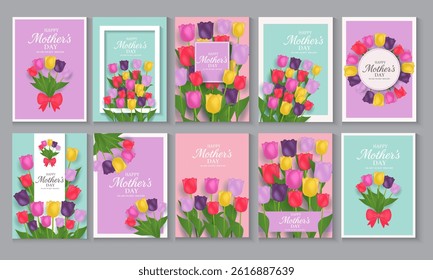 Mothers Day card, banner, poster, flyer, or cover with tulips flowers, colorful tulips flower Floral, can be used for Valentine's day, holiday templates, Womens Day, birthday, Easter decor, web, ads.