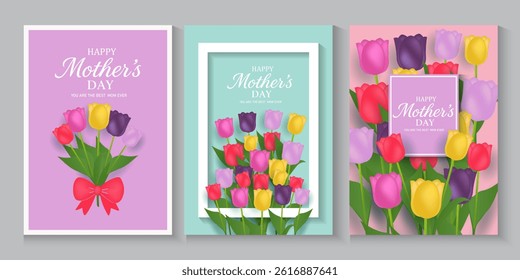 Mothers Day card, banner, poster, flyer, or cover with tulips flowers, colorful tulips flower Floral, can be used for Valentine's day, holiday templates, Womens Day, birthday, Easter decor, web, ads.