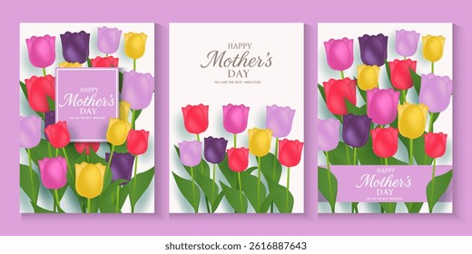 Mothers Day card, banner, poster, flyer, or cover with tulips flowers, colorful tulips flower Floral, can be used for Valentine's day, holiday templates, Womens Day, birthday, Easter decor, web, ads.