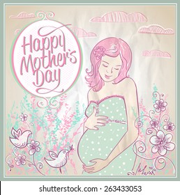 Mother's Day card with beautiful smiling pregnant woman outdoor, vector illustration.
