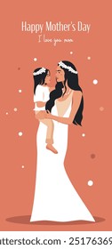 Mother's day card. Beautiful young woman, mother holds baby in her arms. Mother hugs daughter. Mother's love. Vector illustration for advertising, poster, banner, print, website