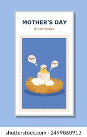 Mothers day card. Chicken in egg shell. International holiday and festival. Love and care. Greeting postcard for moms gift or present. Flat vector illustration isolated on blue background