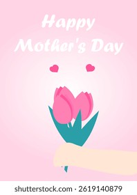Mother's Day card. Child's hand holding a bouquet of pink tulips
