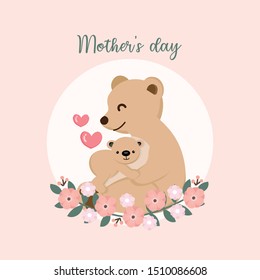 Mother's day card. Cute bear and her baby cartoon.