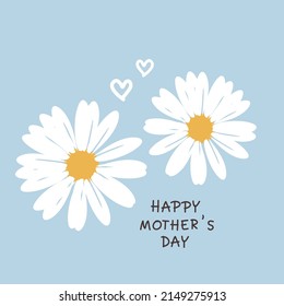 Mother's day card with cute hand drawn daisy flower and hearts on blue background vector illustration.