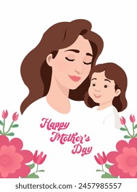 Mothers Day card with cute trendy watercolor illustrations of mom and daughter, bouquet of spring flowers, modern typography and holiday wishes