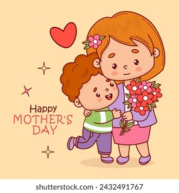 Mother's Day card. Cute woman with her boy son and bouquet flowers. Vector illustration flat cartoon style kawaii. Positive festive female character.