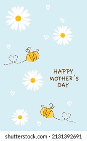 Mother's day card with daisy flower, bee cartoon and little hearts on blue background vector illustration.