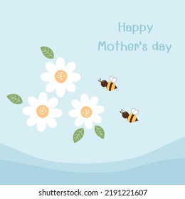 Mother's day card with daisy flower and bee cartoons on blue background vector.