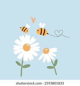 Mother's day card with daisy flower, green leaves and bee cartoons on blue background vector.