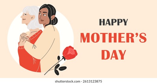 Mother's Day Card Design with Adult Daughter Hugging Elderly Mother. Cute Poster and Banner for Mother's Day Celebration. Flat vector illustration isolated on peach background.