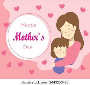Mother's Day card design, with a drawing of a mother hugging her daughter, with hearts, nice to give as a gift.