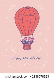 Mother's day card design with flowers and hot air balloon. Vector illustration.