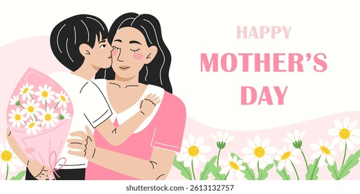 Mother's Day Card Design with Little Son Giving a Bouquet of White Daisies to His Mother. Cute Poster and Banner for Mother's Day Celebration.