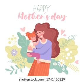 Mothers Day card design with mother holding her baby who is tenderly touching her face, colored vector illustration