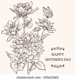 Mother's day card design. Vector illustration. Bouquet of flowers with butterfly. Element for design.  Hand-drawn contour lines and strokes. 