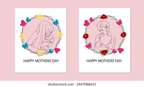 Mother's Day Card designs, heart with flowers, mother holding a baby with her hand. great for cards, invitations, gifts, banners - vector design