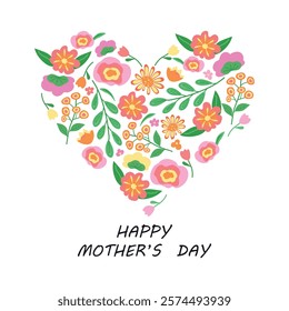 Mother's Day Card. Fashionable banner, poster, flyer, label or cover with heart-shaped flower frame, abstract floral pattern. Vector illustration of different flowers in heart-shaped frame, eps 10