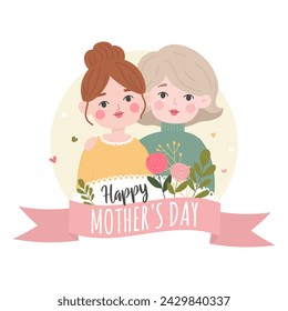 Tarjeta del día de las madres con dos mujeres. Ilustración vectorial en estilo de dibujos animados.