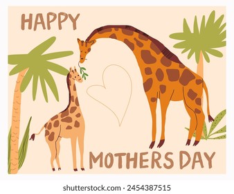 Tarjeta del día de la madre con mamá jirafa y bebé, cachorro. Linda familia de animales tropicales exóticos divertidos, mamíferos salvajes felices y niños en la naturaleza. La frase feliz día de la madre.