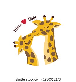 Mother's day card with Giraffes.Giraffe mother kissing baby giraffe.