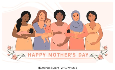 Tarjeta del Día de la Madre. Grupo de mujeres embarazadas y mujeres con hijos. Ilustración del vector