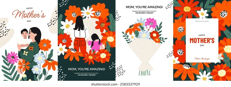 Mothers Day card. Happy mom floral greeting card with blooming flowers, invitation poster with blossom flower bouquet. Vector mother greeting graphic.